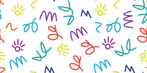 Memphis geometric seamless pattern. Multicolor abstract background in retro 80s, 90s style with various shapes: circles, semicircles, dots, zigzags, spirals, wavy lines. Cute kid doodle design