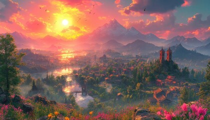 Mountains loom over a vibrant village with a flowing river at golden sunset. Ideal for travel brochures, fantasy novel covers, and idyllic desktop wallpaper.