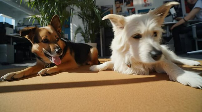 Relaxed Office Canines Lounging in Sunlit Space, Bring your Pet to work day, Office Dog