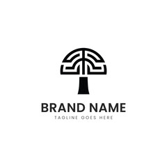 A minimalist black and white logo featuring a stylized tree with a maze design. The sleek design conveys creativity and connection to nature.