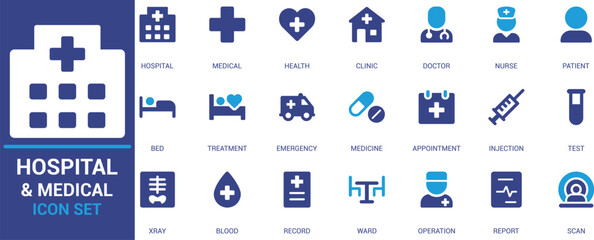 
Modern hospital and medical icon set featuring doctor, nurse, clinic, medicine, emergency, and treatment symbols. Ideal for healthcare, apps, and infographics.
