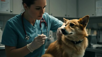 A veterinarian gives an injection to a dog in a clinic