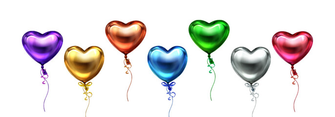 Glossy 3d heart balloons floating with ribbons - metallic collection of shiny romantic decorations for valentine celebration, party or wedding. Colorful inflatable love symbols on white background. © klyaksun