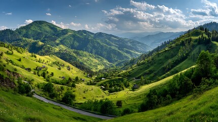 Fototapeta premium Scenic Carpathian Mountains Valley View Green Hills, Small Houses, and Dramatic Sky