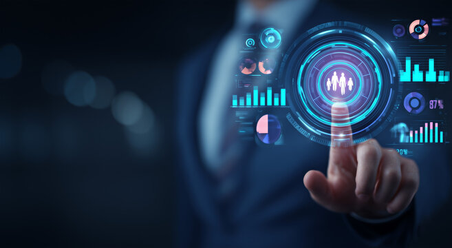 Businessman using futuristic interface for family data analysis