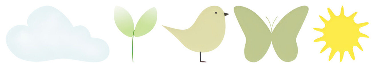 PNG Nature icons: cloud, plant, bird, element set on transparent background