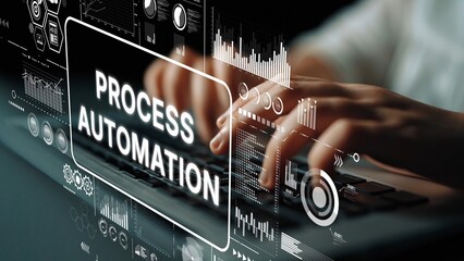 Hands typing on a keyboard with digital interface highlighting process automation trends and data...