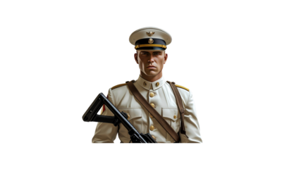 Portrait of a Serious Military Officer in Dress Uniform with Weapon