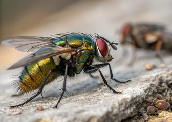 Extreme close up of a metallic green fly with red eyes on a textured surface
