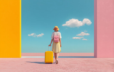  A woman with luggage, in pastel pink and yellow colors, in a minimalistic, surrealistic style, with a sky background and empty space in the middle of the picture. The artwork exhibits minimalism, 