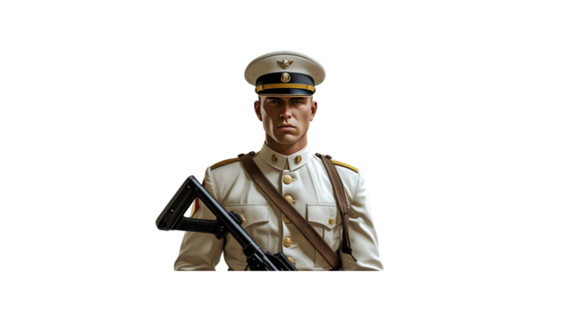 Portrait of a Serious Military Officer in Dress Uniform with Weapon
