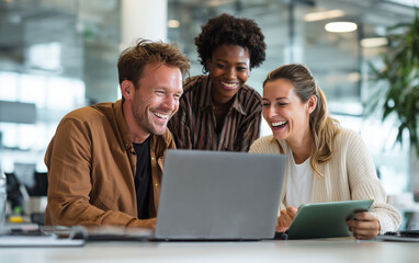 Three diverse business people are smiling and working together in an office with a laptop, tablet computer, and documents on the table.