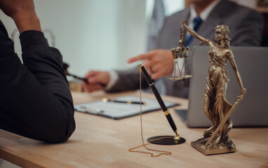 Businessmen consult with lawyers, submit additional documents, and pay for lawyers' services. After reaching an agreement and signing the contract, the two shake hands. Concept, Justice, and Lawyers