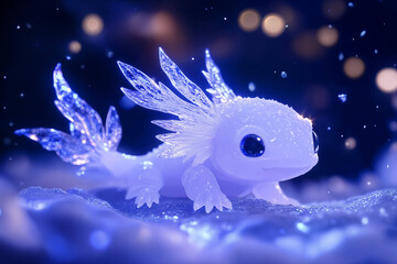 Charming fantasy-style axolotl with shimmering crystal-like gills, glowing softly in a mystical, icy blue environment. 