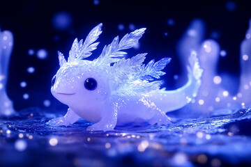 Fantasy Ice Axolotl with Crystal Gills in Magical Glow. Ideal for projects on mythology, fantasy art, magical creatures, or enchanting nature scenes.