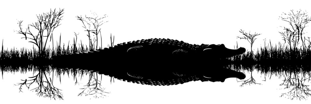 black and white illustration of a swamp with reflection of trees in the water black, illustration, ink, lake, reflection, silhouette, swamp, tree, water , Generative art.