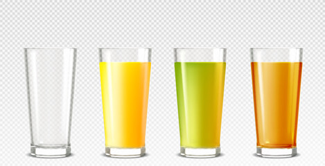 Glass cups with colorful juice and empty tumbler on transparent bg - clear drinking vessels filled with bright beverages for refreshment. Realistic glassware with various liquid for restaurant menu