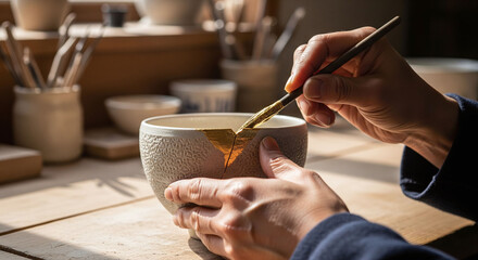 A serene macro photograph of an artisan's weathered hands meticulously applying gold lacquer to a crack in a handmade ceramic bowl, illuminated by soft window light
