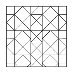 Symmetrical Minimalist Geometric Tiling Pattern of Diamonds and Triangles within Divided Square Grid in Monochrome