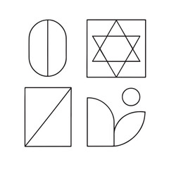 e mail icon on metal internet button, Four Minimalist Geometric Forms: Oval, Star-Patterned Square, Diagonal-Split Square, Semicircle & Leaf Composite Artwork