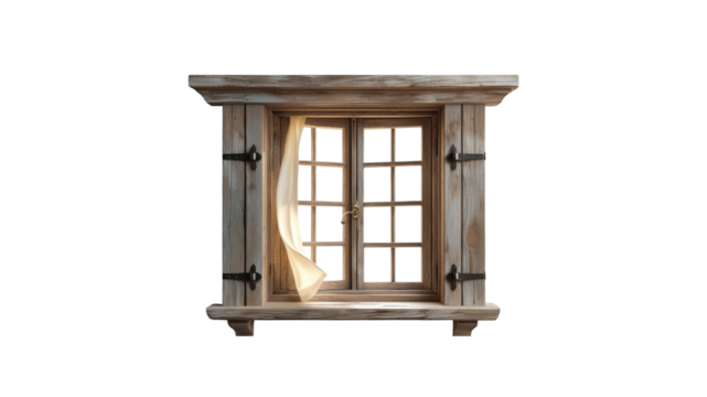 Rustic Wooden Window with Billowing Curtain, Light Streaming In