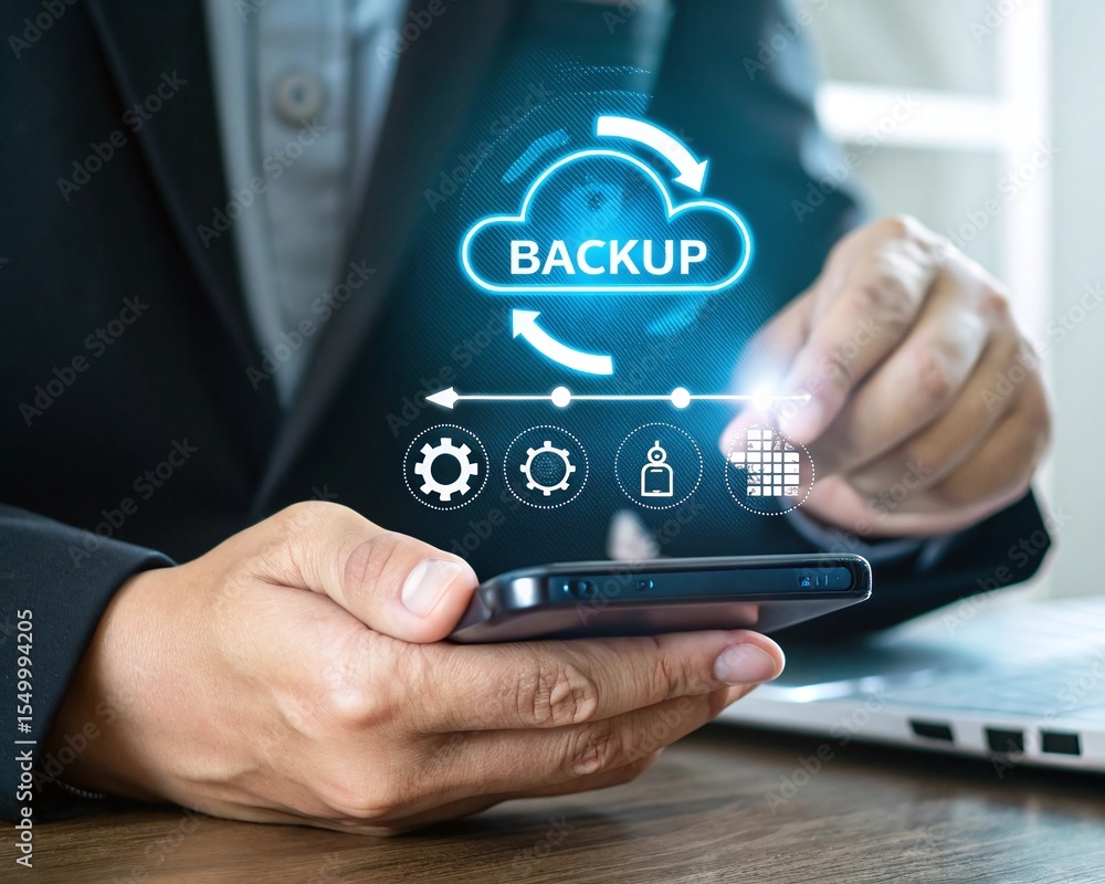 Poster hand using smartphone for cloud backup and data storage solutions