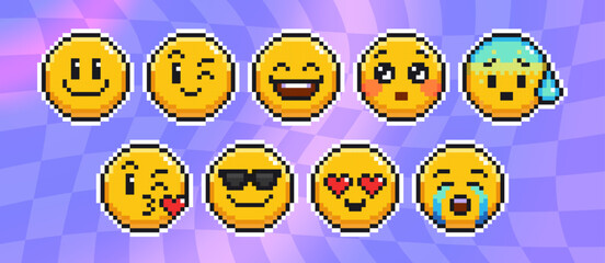 Pixel art emoticon faces on purple. Yellow circles showing various expressions - smiling and winking, laughing and blushing, nervous sweating and kiss heart, cool sunglasses, love eyes, crying tears.