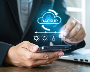 Hand Using Smartphone for Cloud Backup and Data Storage Solutions