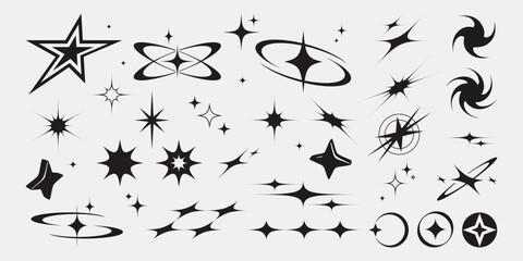 Black star shapes collection with sparkle and bling effects - various geometric stars and bursts, swirls and spark design elements. Modern decorative graphics set for badges, retro space themes.