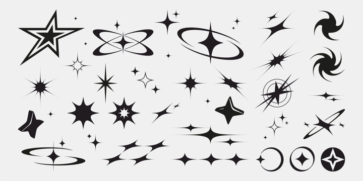 Black star shapes collection with sparkle and bling effects - various geometric stars and bursts, swirls and spark design elements. Modern decorative graphics set for badges, retro space themes.