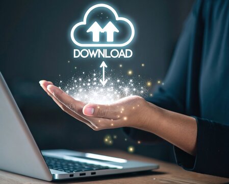 Hand Presenting Cloud Download/Upload for Data Transfer Services - Powered by Adobe