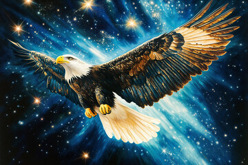 Powerful Bald Eagle Soaring Across the Galaxy