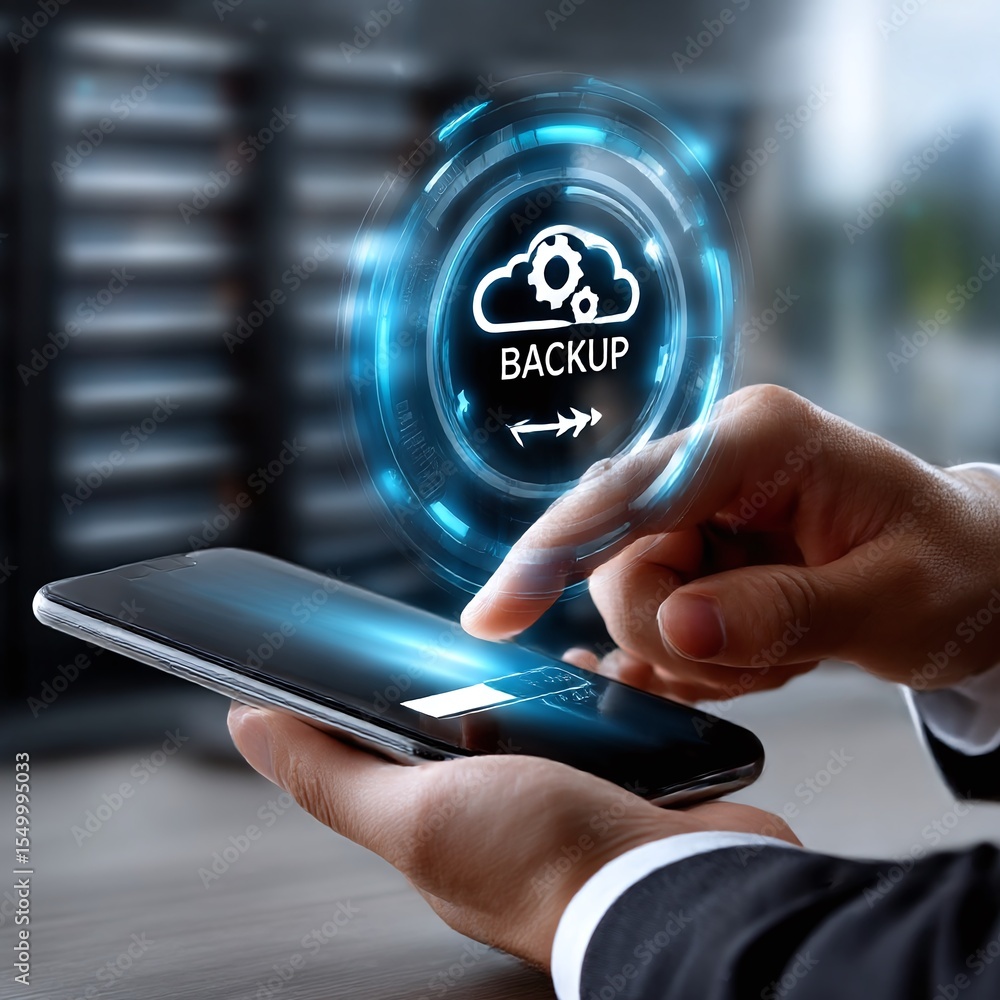 Poster hand using smartphone for cloud backup and data storage solutions