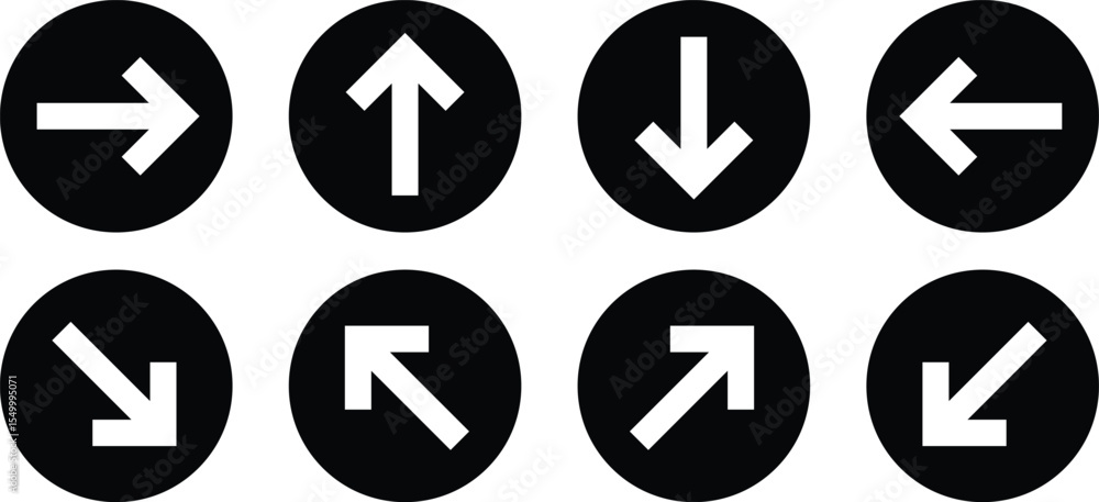 Poster set of direction arrow symbol. black circle on white arrow symbol vector illustration.