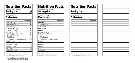 Nutrition facts label. Blank editable vector template. Custom mockup. Food packaging