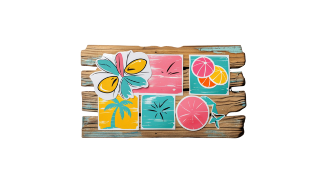 Vibrant Summer Collage on Rustic Wood - Tropical Design Elements