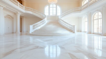 Obraz premium A breathtaking view of an elegant marble staircase in a grand hall, exuding sophistication and luxury, illuminated by natural light from large windows above.
