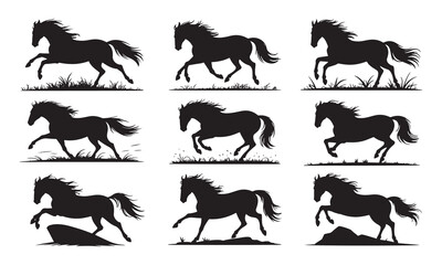 Obraz premium Nine Black Horse Silhouettes Running Jumping Vector Illustration