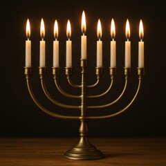 Eight candles are burning on gold Menorah. It is standing on wooden surface. Background is dark. This shows tradition and celebration in warm, inviting tone
