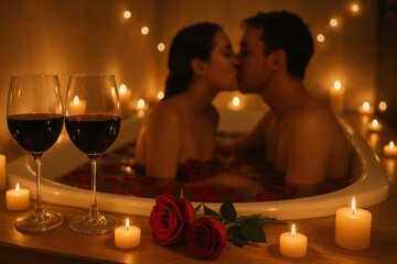 Young couple kisses in bathtub filled with water and red rose petals. Two glasses of red wine and lit candles sit nearby. Soft, warm light creates intimate and romantic atmosphere