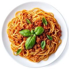 Delicious spaghetti bolognese with basil isolated on white background
