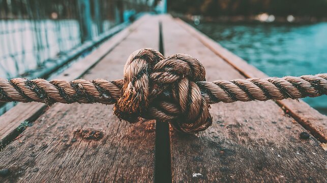 Fototapeta Knotted rope on weathered boardwalk