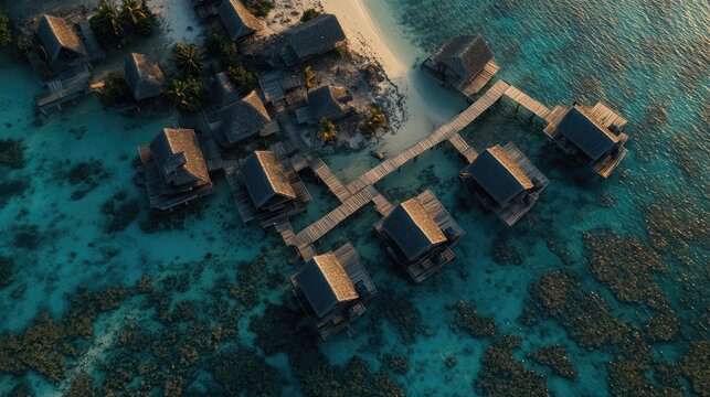 Tropical overwater bungalows on a secluded island.