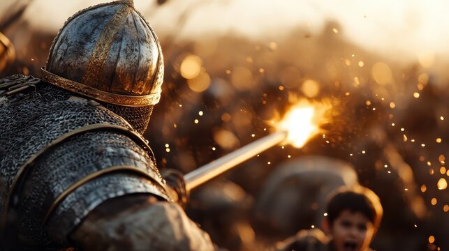 A fierce warrior clad in armor, gripping a flaming spear, stands amidst chaos on a battlefield, evoking the tumult of conflict and the struggle for survival in moments of valor.