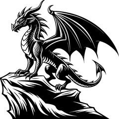 Illustration of a dragon perched on a rock isolated on white background