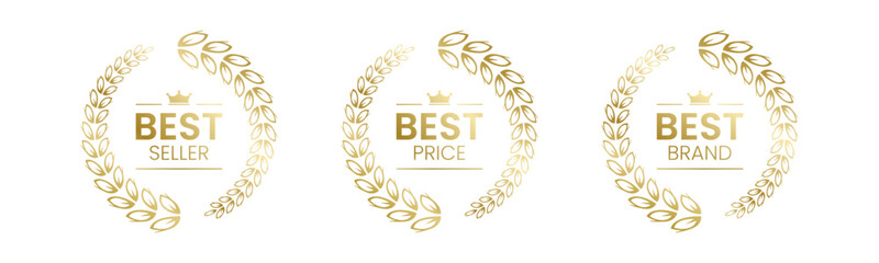 Best Seller, Best Price, Best Brand Set Vector Illustration. In A Realistic Gold with Laurel Wreath. Isolated on white