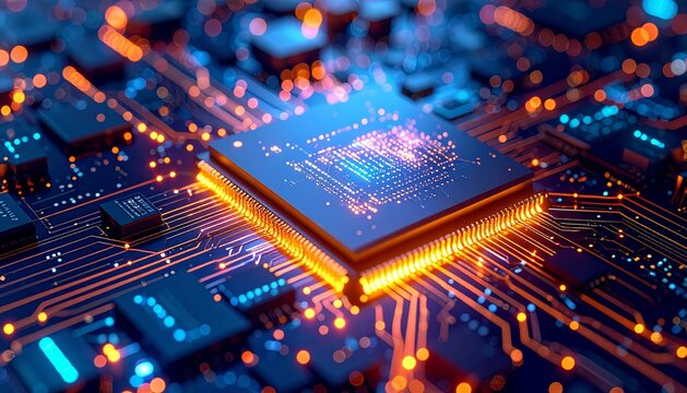 Circuit Board With Glowing Microchip and Data Flow