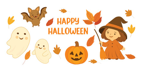 Obraz premium Cute Halloween vector element set with pumpkin, ghosts, little witch, bat, and autumn leaves. Fun and colorful collection perfect for kids designs, party decor, and seasonal projects.