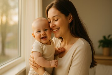 Mother tenderly holds her young, laughing baby near window. Sunlight gently illuminates their faces. They are sharing a special moment of joy and connection in cozy home setting