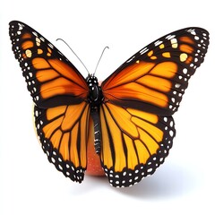 Naklejka premium Stunning Monarch Butterfly on Red Apple Background Isolated White Studio Shot